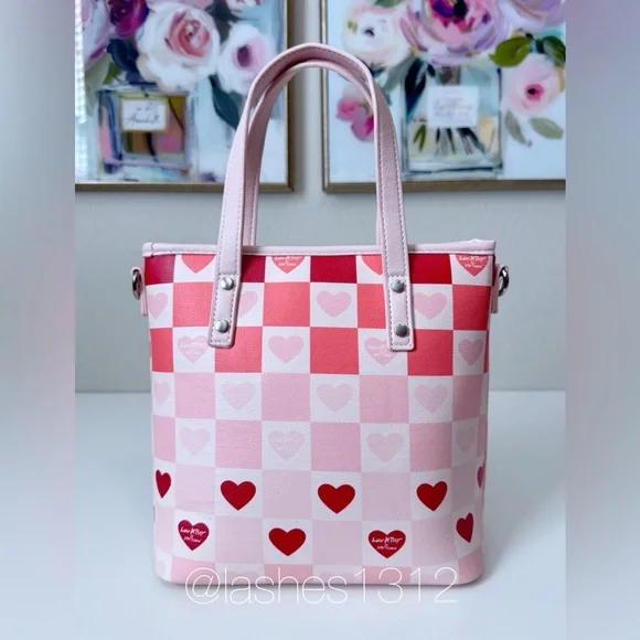 Women Bags Pink Heart Checker Tote Bag with Pom Charm - Picture 5 of 8